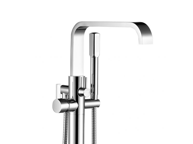 Braxton Floor-Mount Tub Filler Geometric Faucet with Hand Shower
